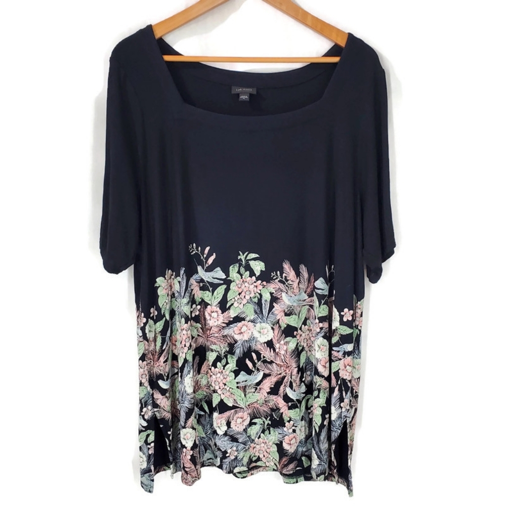 J. Jill Wearever Collection Women's Black Tunic Top Floral Birds Stretchy Sz XL